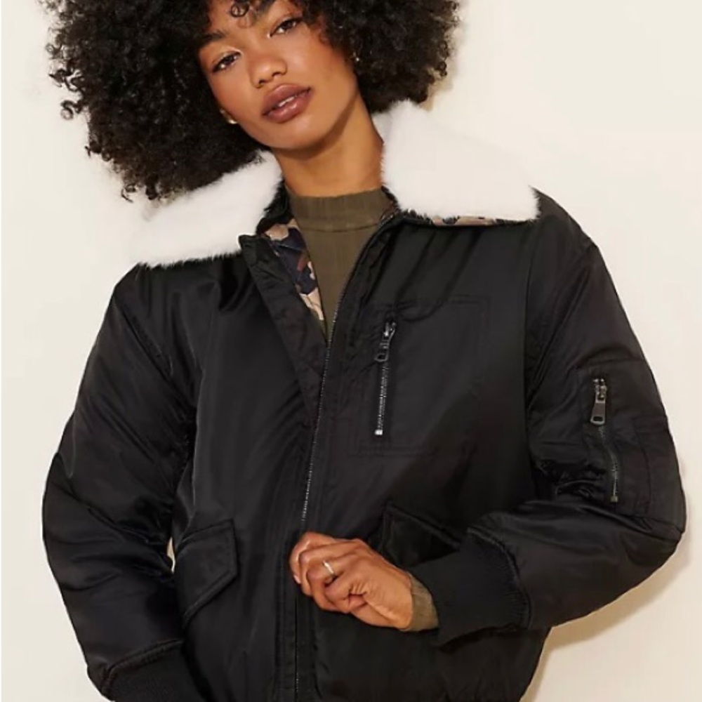 NVLT Black Bomber Jacket with Fluffy White Collar